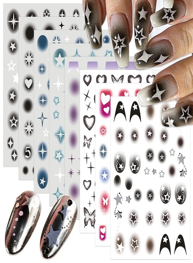 JERCLITY 8 Sheets Airbrush Nail Stencils Stickers for Nail Art Star Nail Art Stickers Butterfly Heart Nail Decals Self-Adhesive Hollow Blooming Design for Women Girls Manicure Accessories - Image 1