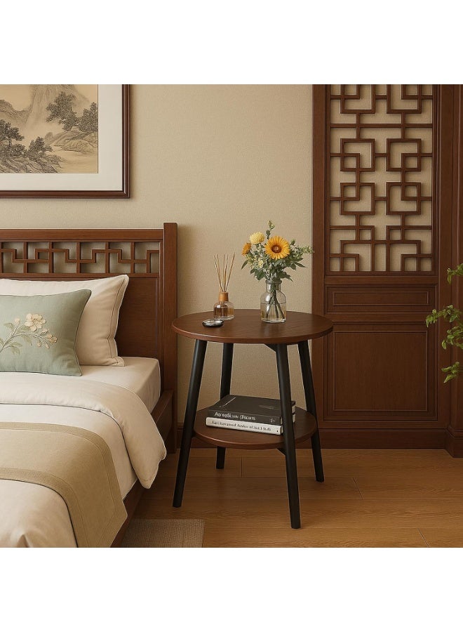 جورونب طاولة صغيرة مستديرة مع رف تخزين للمساحات الصغيرة، طاولة جانبية مستديرة، طاولة جانبية مكونة من طبقتين، إطار دعم معدني، طاولة قهوة دائرية، طاولة أريكة بجانب السرير بسيطة 50*50*42 سم - Image 2