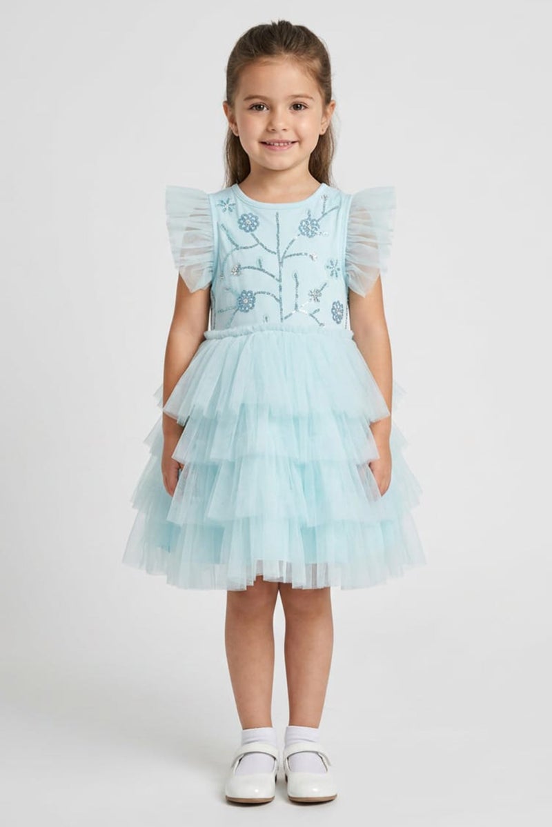 Lunamoon Kids Girl Ruffle Sleeve Sequins Dress, Blue - Image 1