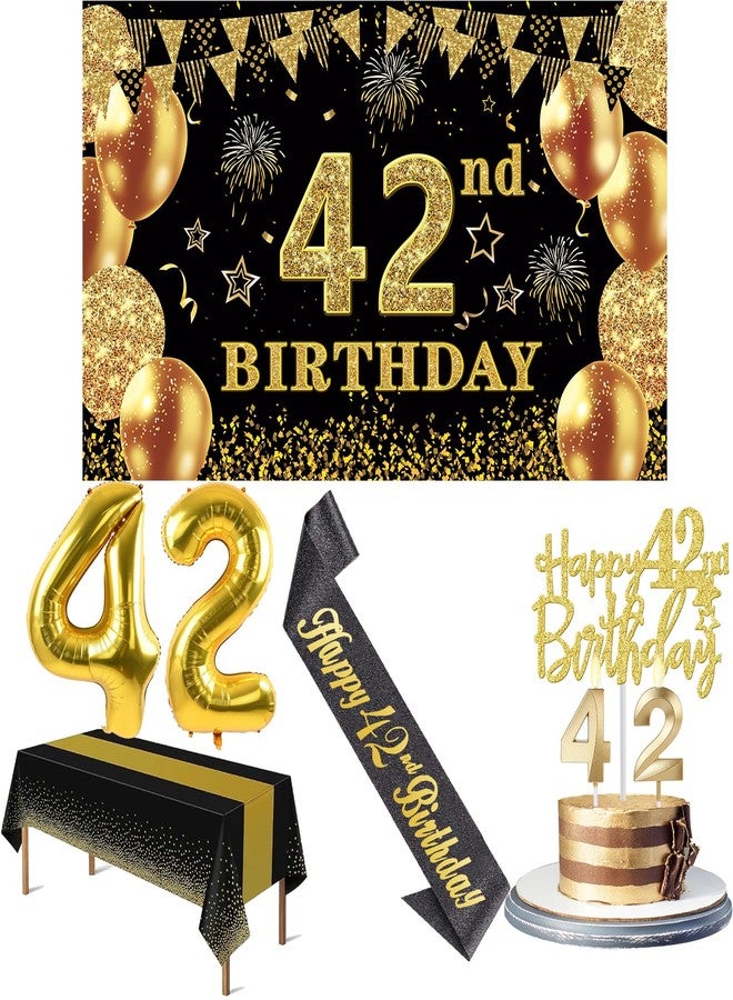 YeohJoy 42nd Birthday Decorations Men Women with 42nd Birthday Banner, Black and Gold Table Cloth, 42 Number Balloons, 42nd Birthday Sash, 42nd Birthday Cake Topper and 42nd Birthday Candles - Image 1