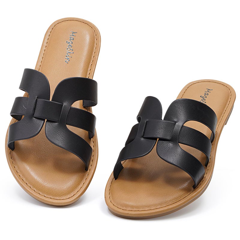 mazeskin Womens Memory Foam H-Band Summer Comfortable Dressy Flat Slide Sandals,Black Leather US8 - Image 1
