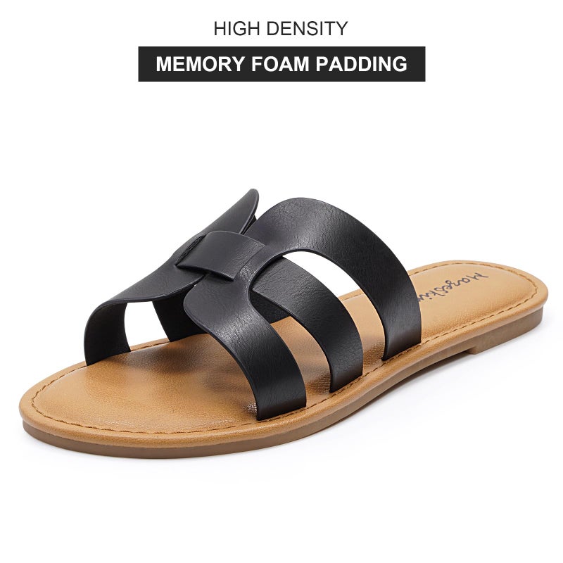 mazeskin Womens Memory Foam H-Band Summer Comfortable Dressy Flat Slide Sandals,Black Leather US8 - Image 3