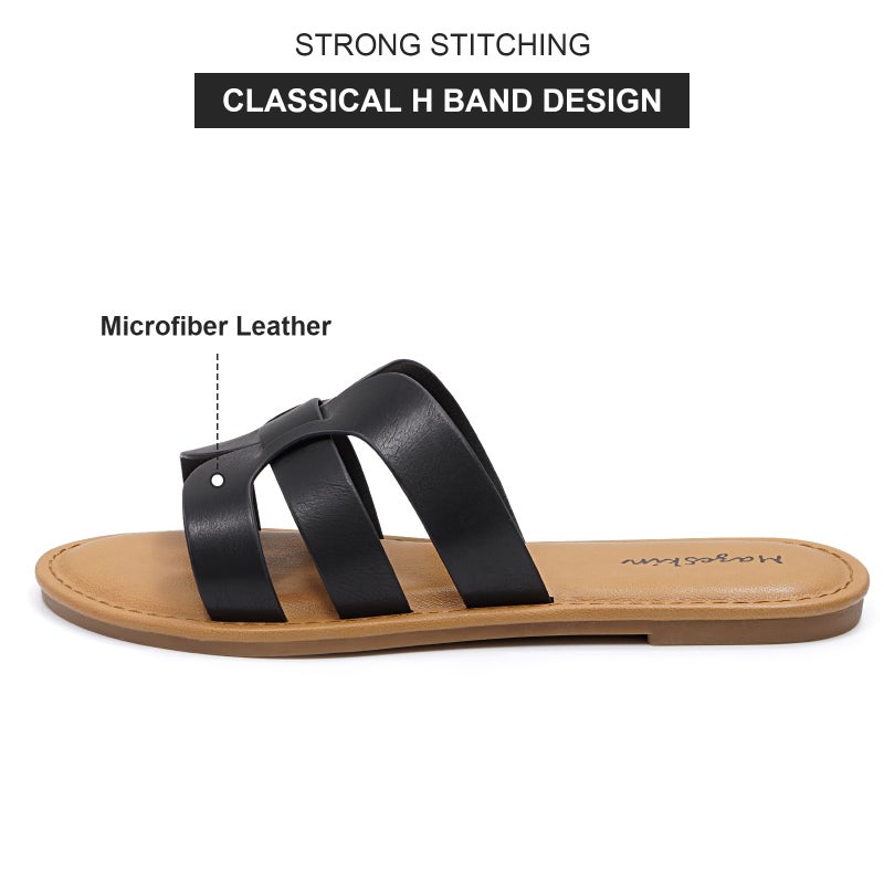 mazeskin Womens Memory Foam H-Band Summer Comfortable Dressy Flat Slide Sandals,Black Leather US8 - Image 4