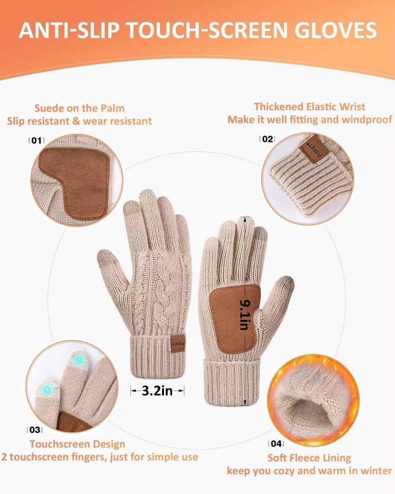 FISFET Winter Beanie Hat Scarf Gloves Set for Women, Pom Pom Beanie with Fleece Lined Long Knit Neck Warmer Fingers Touchscreen Gloves, Fashionable Cute Warm 3 in 1 Gift Set for Cold Weather(A-01) Oatmeal - Image 3
