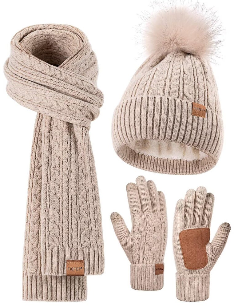 FISFET Winter Beanie Hat Scarf Gloves Set for Women, Pom Pom Beanie with Fleece Lined Long Knit Neck Warmer Fingers Touchscreen Gloves, Fashionable Cute Warm 3 in 1 Gift Set for Cold Weather(A-01) Oatmeal - Image 1
