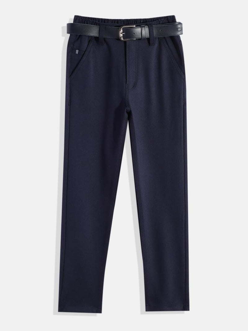 CAVIO Boys Stretchable Solid Regular Fit Trousers with Belt Navy - Image 2