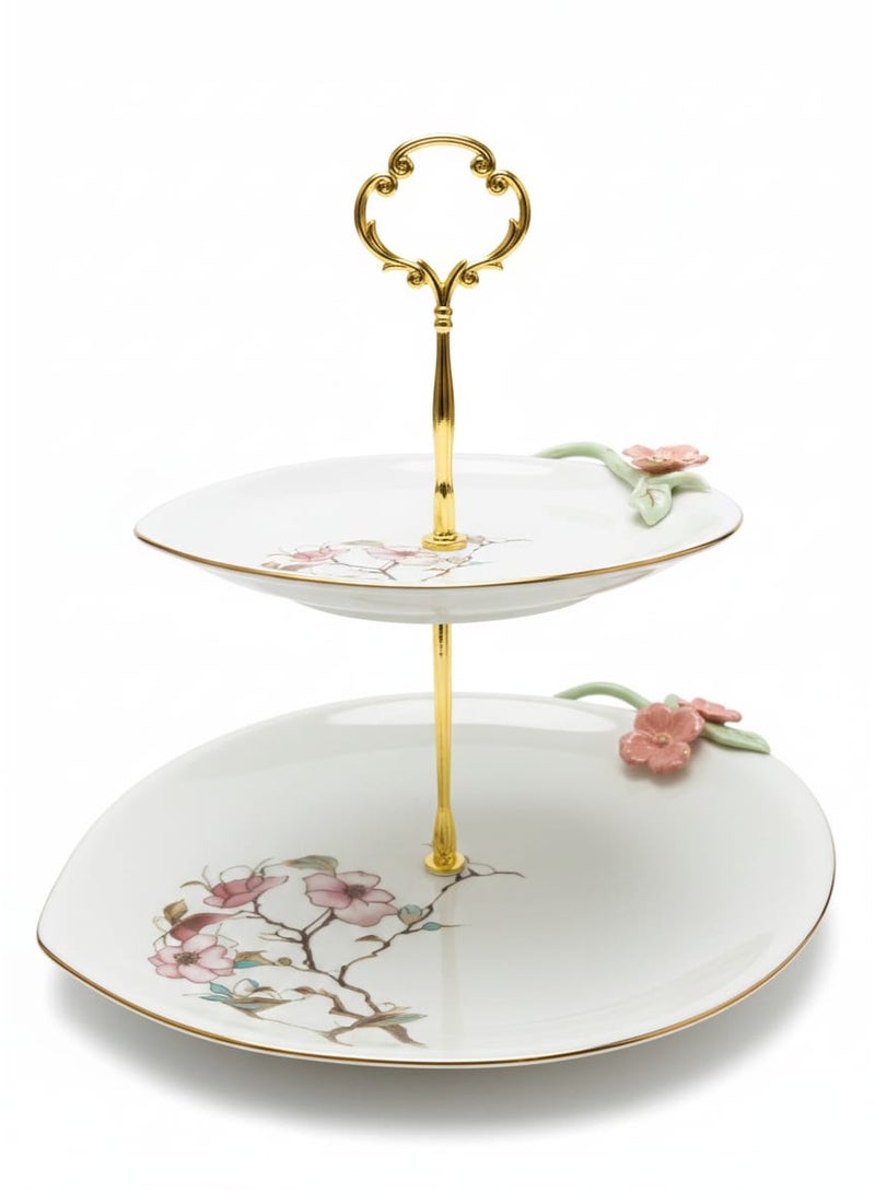 AKDC Angela Floral Elegance 2-Tier Ceramic Cake & Candy Stand  White - Image 1