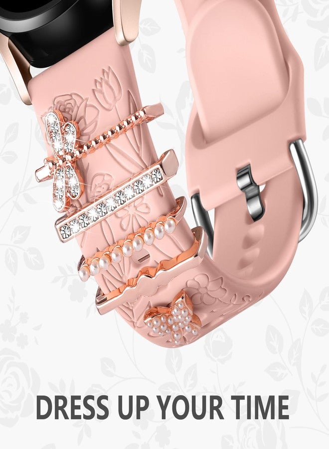 DaQin - Flower Engraved Band Compatible with Samsung Galaxy Watch 7 Band/FE 6 5 4 40mm 44mm Galaxy Active 2 Soft Silicone Replacement Strap with Decorative Charms Accessories for Women, 20 mm, - Image 3