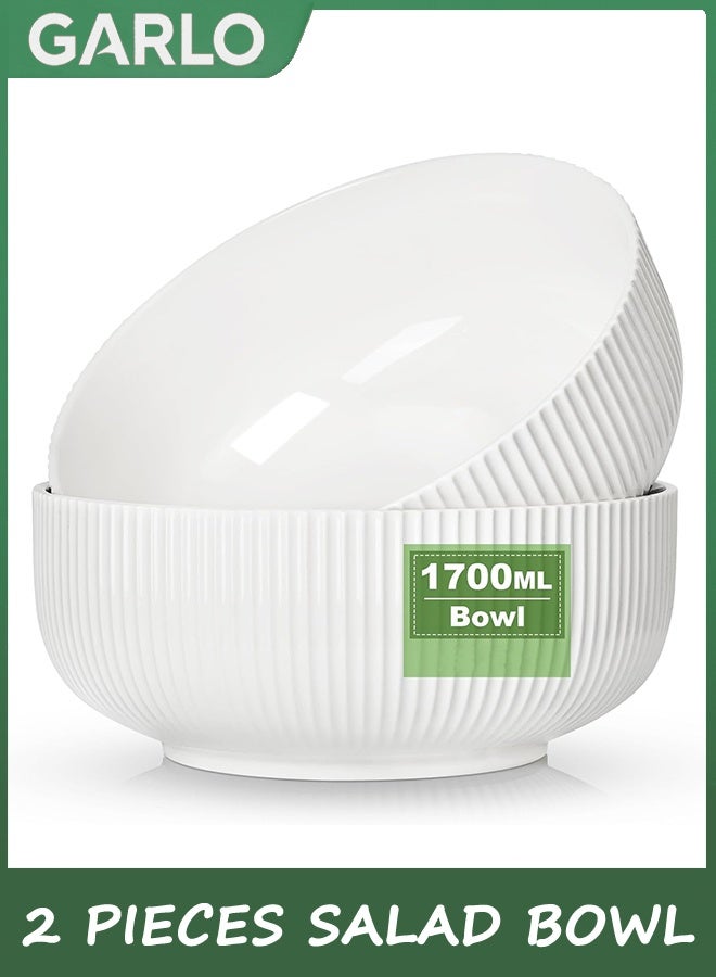جارلو سلطة وعاء 2 حزمة، مجموعة وعاء خدمة السيراميك، وعاء عميق للمطبخ، وعاء المعكرونة الكبير الأبيض للحساء، والحبوب، السلطة، المعكرونة، الرامن، الفواكه، الميكروويف وغسالة الصحون آمنة، 8IN 1700ML - Image 1