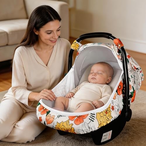 Pea Pod Car Seat Covers for Babies Breathable Mesh Canopy with KickProof Soft Stretchy Protection Newborn Stroller Carrier Covers for Girls Retro Floral - Image 1