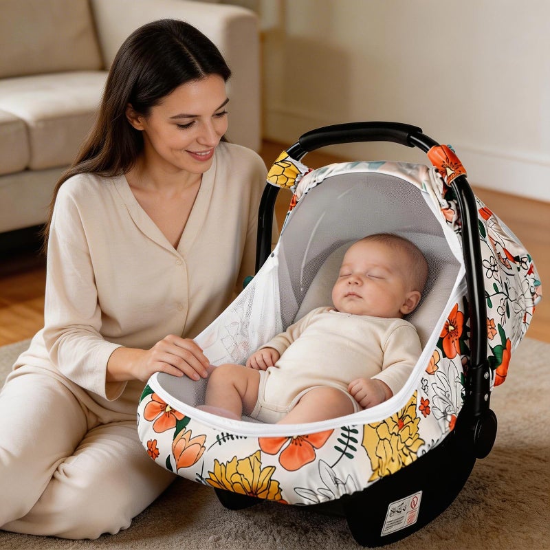 Pea Pod Car Seat Covers for Babies Breathable Mesh Canopy with KickProof Soft Stretchy Protection Newborn Stroller Carrier Covers for Girls Retro Floral - Image 2