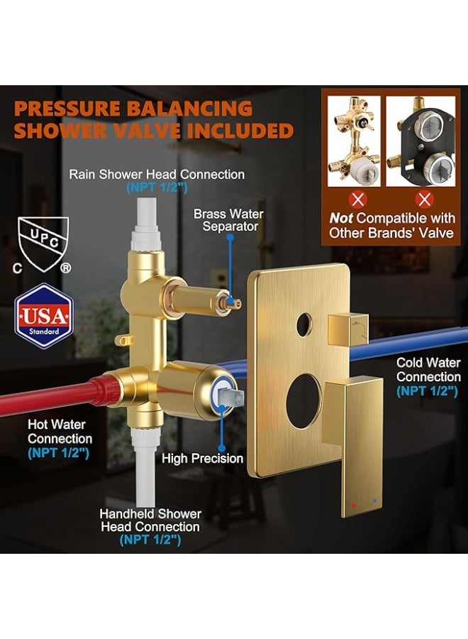 YD Luxury Wall Mounted Rainfall Shower System with Handheld Shower Set, Concealed Shower Mixer Valve Kit, High Pressure Square Rain Shower Head, Modern Bathroom Shower Combo with Adjustable Hand Shower Hose - Image 4