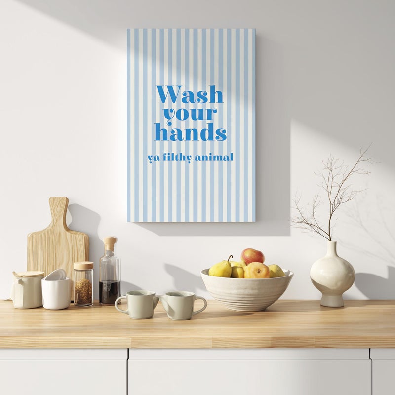 TNESSENTIAL Blue Wash Your Hands Ya Filthy Animal Funny Statement Art Poster or Canvas Print, Bathroom Decor, Minimalist Blue Striped Typography Art - Image 4