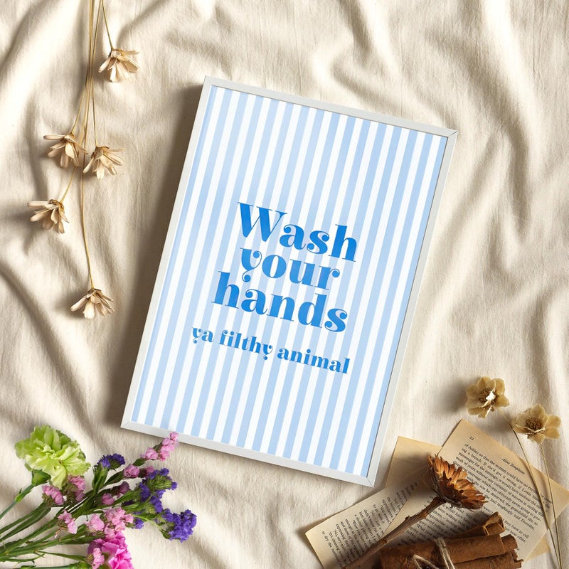 TNESSENTIAL Blue Wash Your Hands Ya Filthy Animal Funny Statement Art Poster or Canvas Print, Bathroom Decor, Minimalist Blue Striped Typography Art - Image 3