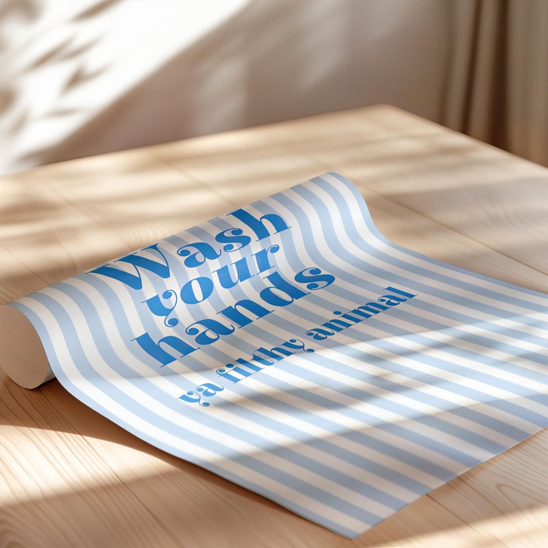 TNESSENTIAL Blue Wash Your Hands Ya Filthy Animal Funny Statement Art Poster or Canvas Print, Bathroom Decor, Minimalist Blue Striped Typography Art - Image 2