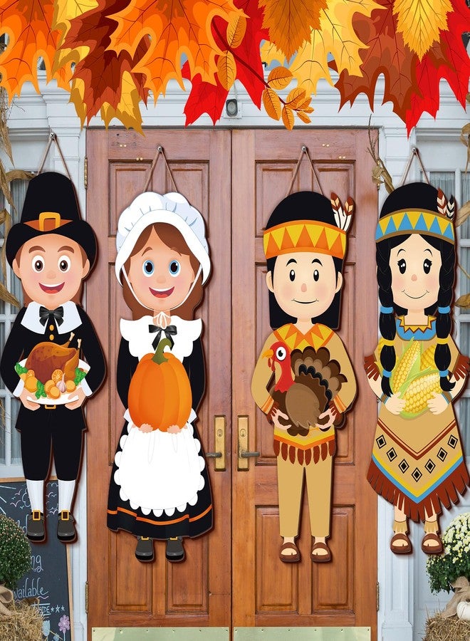 Pickmesh 4 Pcs Thanksgiving Pilgrim Decoration Outdoor Fall Pilgrim Boy and Girl Hanging Signs for Indian 25 x 10 Inch Wooden Thanksgiving Signs Hanger for Porch Front Door Wall Home Outside Party - Image 1