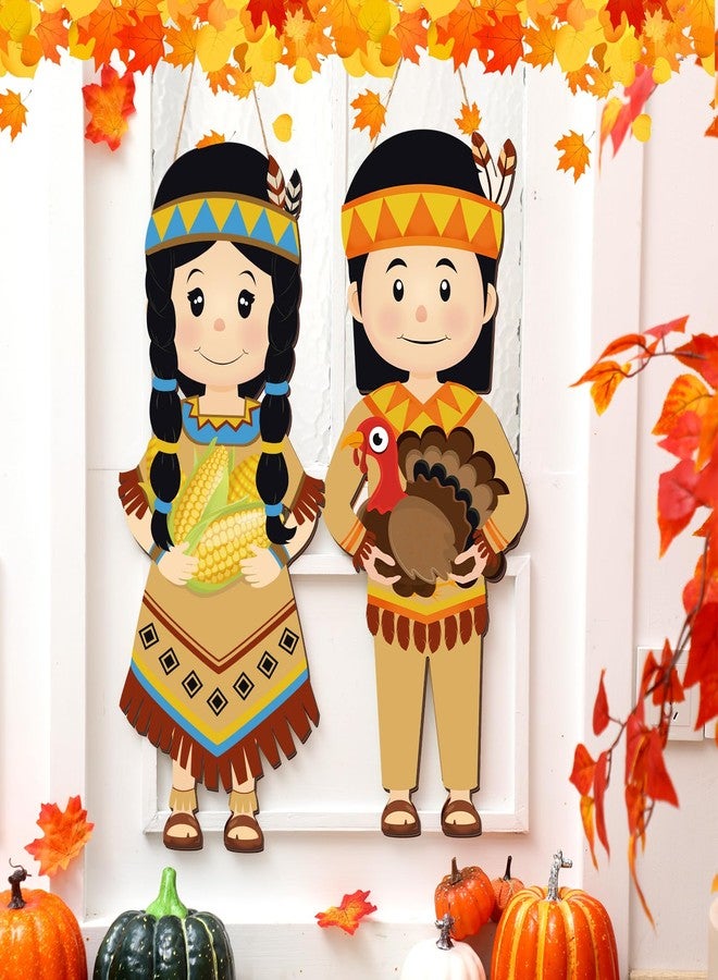 Pickmesh 4 Pcs Thanksgiving Pilgrim Decoration Outdoor Fall Pilgrim Boy and Girl Hanging Signs for Indian 25 x 10 Inch Wooden Thanksgiving Signs Hanger for Porch Front Door Wall Home Outside Party - Image 4