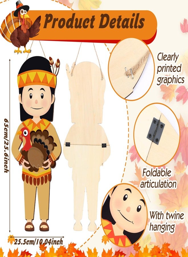 Pickmesh 4 Pcs Thanksgiving Pilgrim Decoration Outdoor Fall Pilgrim Boy and Girl Hanging Signs for Indian 25 x 10 Inch Wooden Thanksgiving Signs Hanger for Porch Front Door Wall Home Outside Party - Image 2