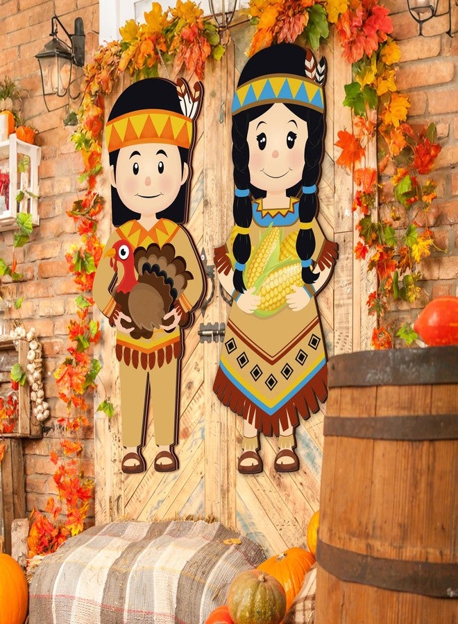 Pickmesh 4 Pcs Thanksgiving Pilgrim Decoration Outdoor Fall Pilgrim Boy and Girl Hanging Signs for Indian 25 x 10 Inch Wooden Thanksgiving Signs Hanger for Porch Front Door Wall Home Outside Party - Image 3