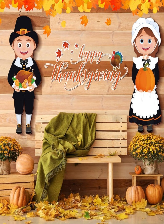 Pickmesh 4 Pcs Thanksgiving Pilgrim Decoration Outdoor Fall Pilgrim Boy and Girl Hanging Signs for Indian 25 x 10 Inch Wooden Thanksgiving Signs Hanger for Porch Front Door Wall Home Outside Party - Image 5