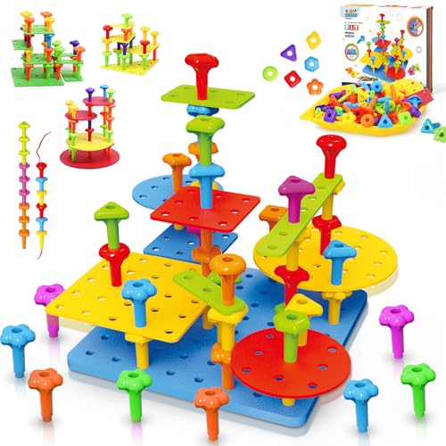 Ggiibro Peg Board Toy set 73Pcs DIY Building Stacking Toys for Kids 36 Years OldSTEM Educational Kids Toy for Brain DevelopmentMontessori Sensory ToysUpgrade Various Foam Board Plastic Lacing String Game - Image 1