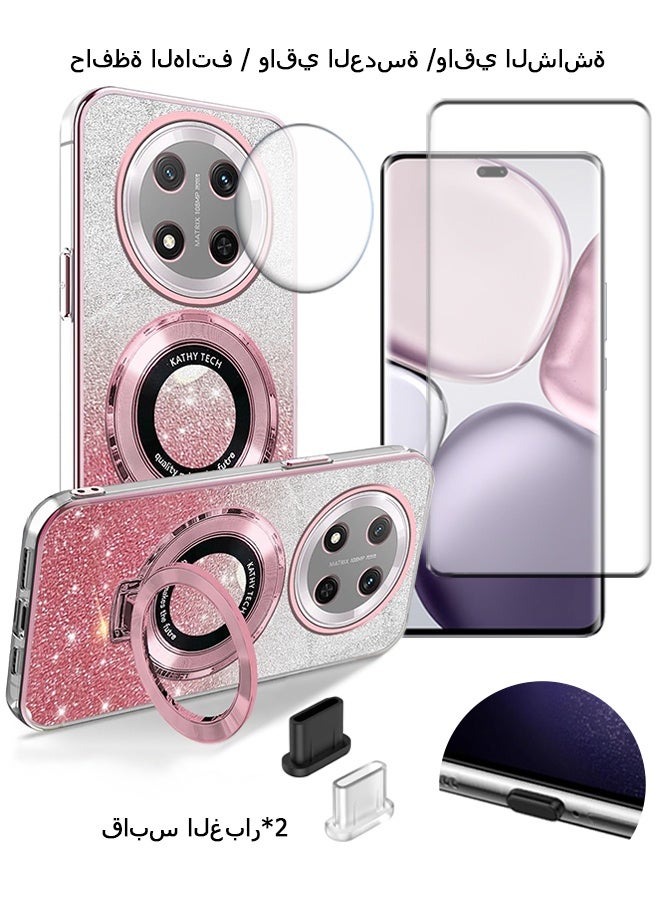 Wffo 7-in-1 - Compatible with Honor X9c Case - Screen Protector / Camera Lens Protector / Dust Plug - Phone Case with Ring Stand - Transparent Glitter Phone Case - TPU Drop Protection - Full Body Protection Shock Case - Pink - Image 1