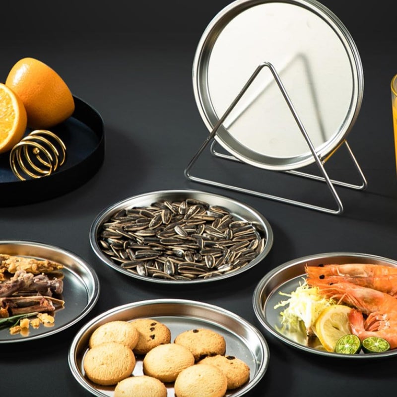 Stainless Steel Bbq Food Tray and Snack Plate Set with Storage Rack, 6pcs Modern Silver Dinner Plates for Restaurant and Home Serving - Image 4