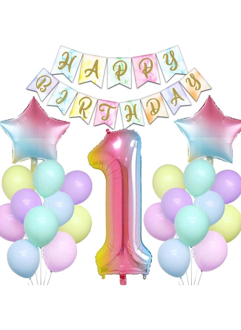 Patladı Gitti - Exploded Rainbow Concept 1st Year Birthday Party Celebration Set; Number and Star Foil, Banner and Macaron Balloon - Image 1