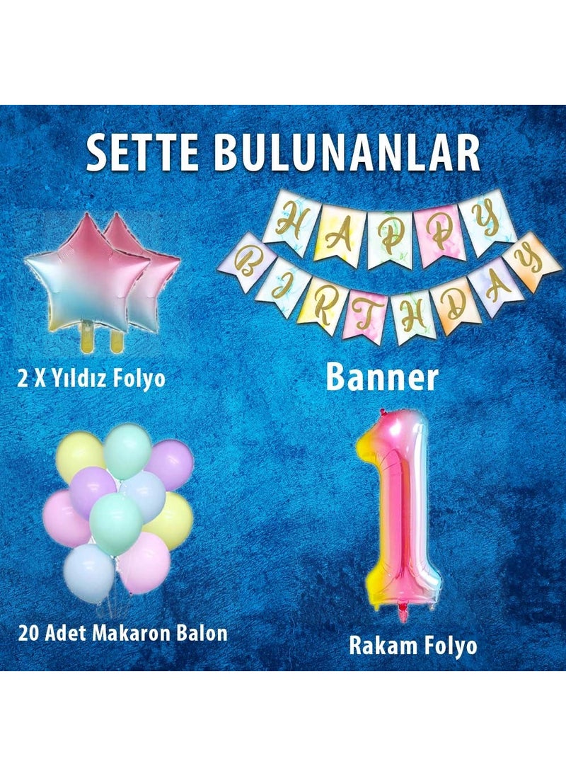 Patladı Gitti - Exploded Rainbow Concept 1st Year Birthday Party Celebration Set; Number and Star Foil, Banner and Macaron Balloon - Image 1