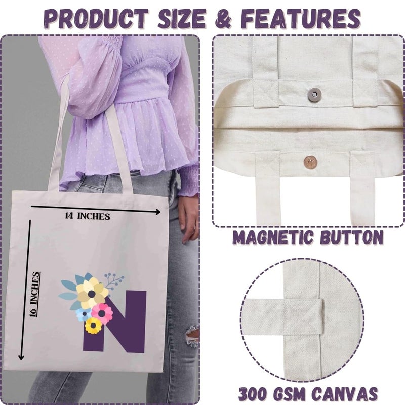 Roundsun Magnetic Button Closure Alphabet Printed Cotton Canvas Vertical Tote Bag | 300 GSM Cloth | No Zipper | No Inner Pocket | Multi-Purpose Bag | Reusable | Eco Friendly Yet Trendy - Image 5