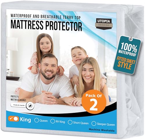 Utopia Bedding Waterproof Mattress Protector King Size 2 Pack, 200 GSM Breathable Terry Mattress Cover, Fitted Style with Stretchable Pockets (White) - Image 1
