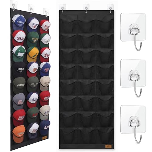 Amoowis Hat Organizer for Baseball Caps, 24 Deep Pockets Hat Rack, Breathable & Visible, Black Hat Holder with 3 Hooks for Door, Bedroom, Closet Organizer - Image 1