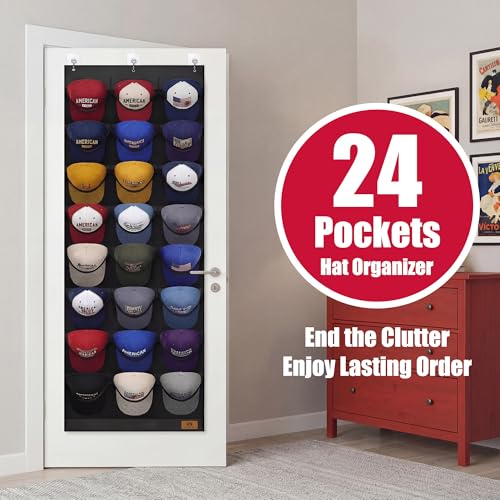 Amoowis Hat Organizer for Baseball Caps, 24 Deep Pockets Hat Rack, Breathable & Visible, Black Hat Holder with 3 Hooks for Door, Bedroom, Closet Organizer - Image 2