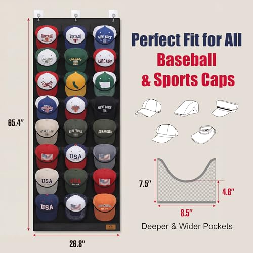 Amoowis Hat Organizer for Baseball Caps, 24 Deep Pockets Hat Rack, Breathable & Visible, Black Hat Holder with 3 Hooks for Door, Bedroom, Closet Organizer - Image 3