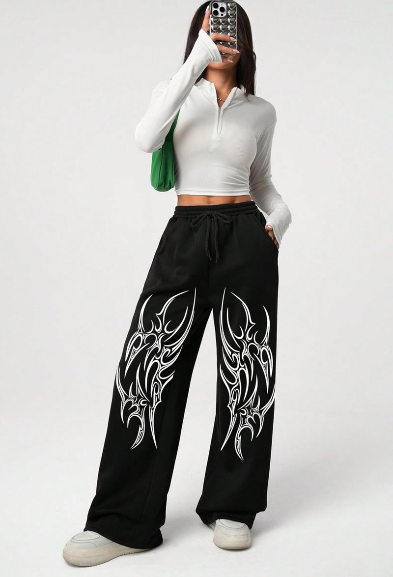 LOCAVESTIR Girls Graphic Print Baggy Pants | High Waist Loose Fit Wide Leg Track Pants for Kids | Street Style Bottomwear, Black, 10-11 Years - Image 3