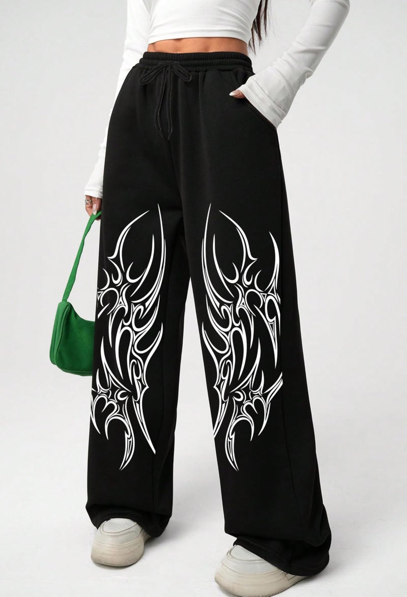 LOCAVESTIR Girls Graphic Print Baggy Pants | High Waist Loose Fit Wide Leg Track Pants for Kids | Street Style Bottomwear, Black, 10-11 Years - Image 5