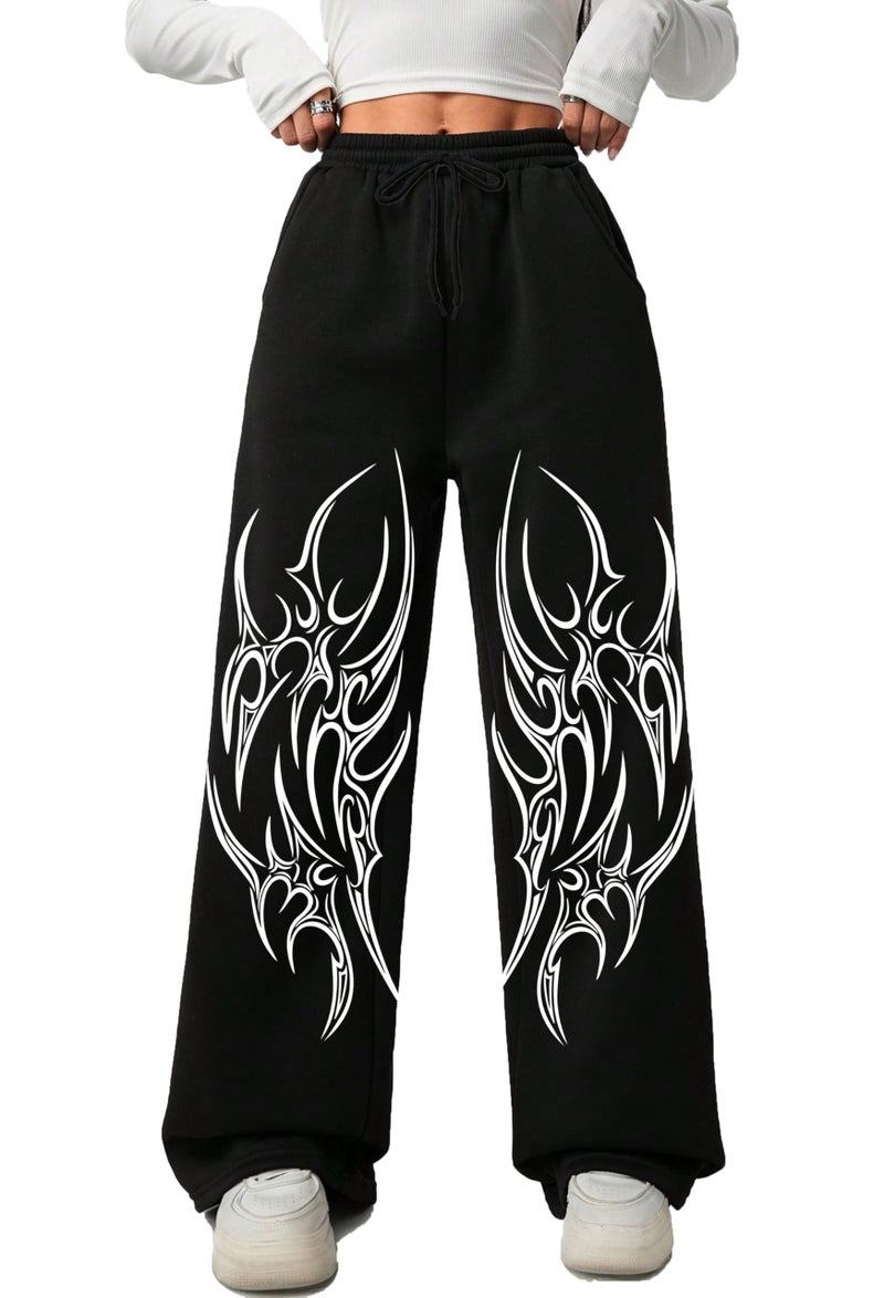 LOCAVESTIR Girls Graphic Print Baggy Pants | High Waist Loose Fit Wide Leg Track Pants for Kids | Street Style Bottomwear, Black, 10-11 Years - Image 1