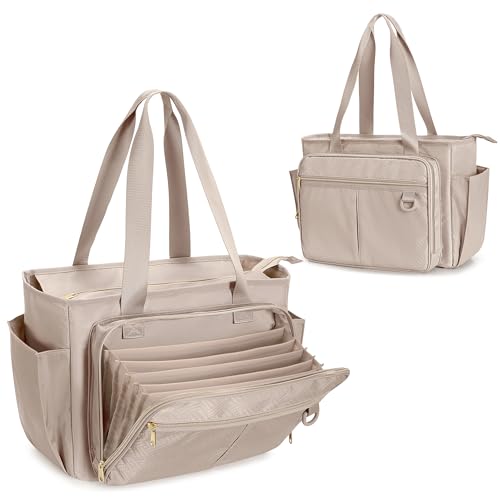 Prokva Teacher Tote Bag with Accordion File Organizer Pocket Large Teacher Work Utility Bag for Women Light Tan Patent Design - Image 1
