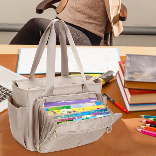 Prokva Teacher Tote Bag with Accordion File Organizer Pocket Large Teacher Work Utility Bag for Women Light Tan Patent Design - Image 3