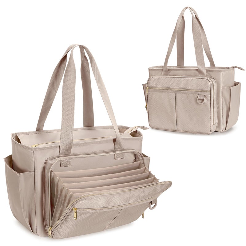 Prokva Teacher Tote Bag with Accordion File Organizer Pocket Large Teacher Work Utility Bag for Women Light Tan Patent Design - Image 2