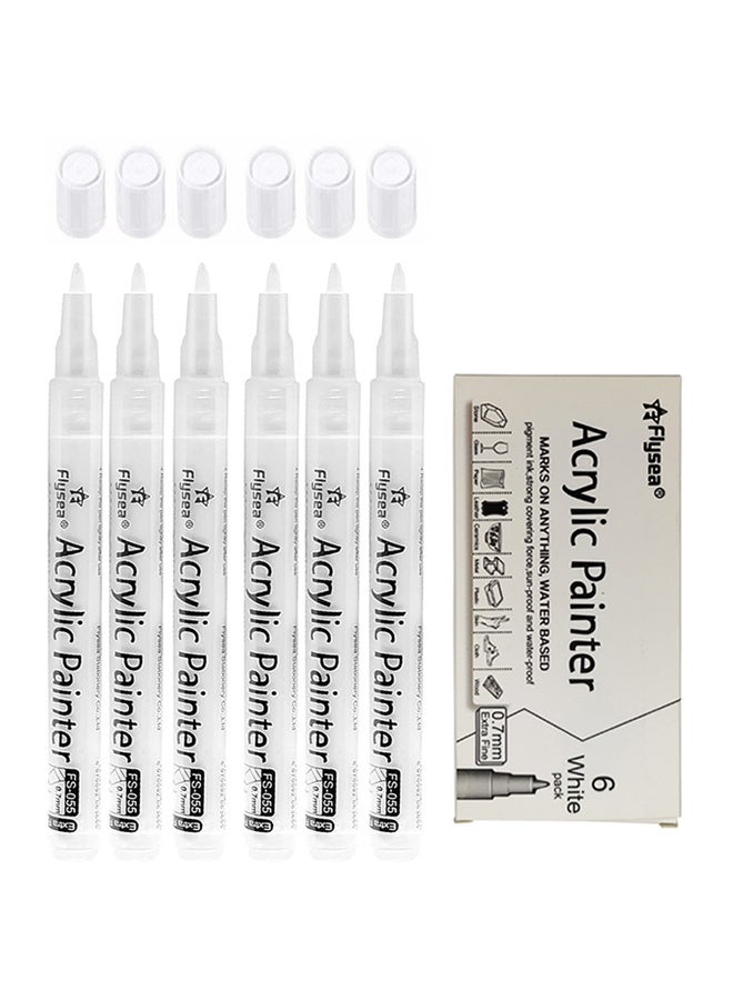 Flysea 6 Pack Paint Pens White Marker 0.7mm Acrylic White Permanent Marker, White Paint Pens for Rock Painting Stone Ceramic Glass Wood Plastic Glass Metal Canvas Water-based Extra Fine Point - Image 1