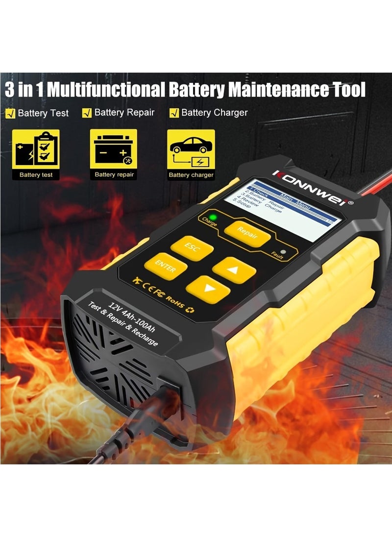 Konnwei 3 in 1 Car Battery Charger, KW510 Battery Tester 12V 5-Amp Fully Automatic Smart Charger Automotive Pulse Repair Maintainer, Trickle Charger Battery Desulfator w/Temp Compensation  - Image 1