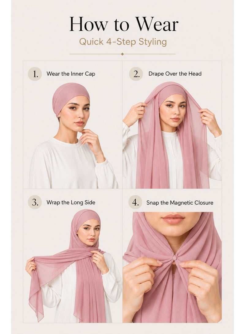 Instant Chiffon Hijab Set with Built-in Magnets, Undercap Included, No Pins Easy Wear Head Scarf for Women - Image 3