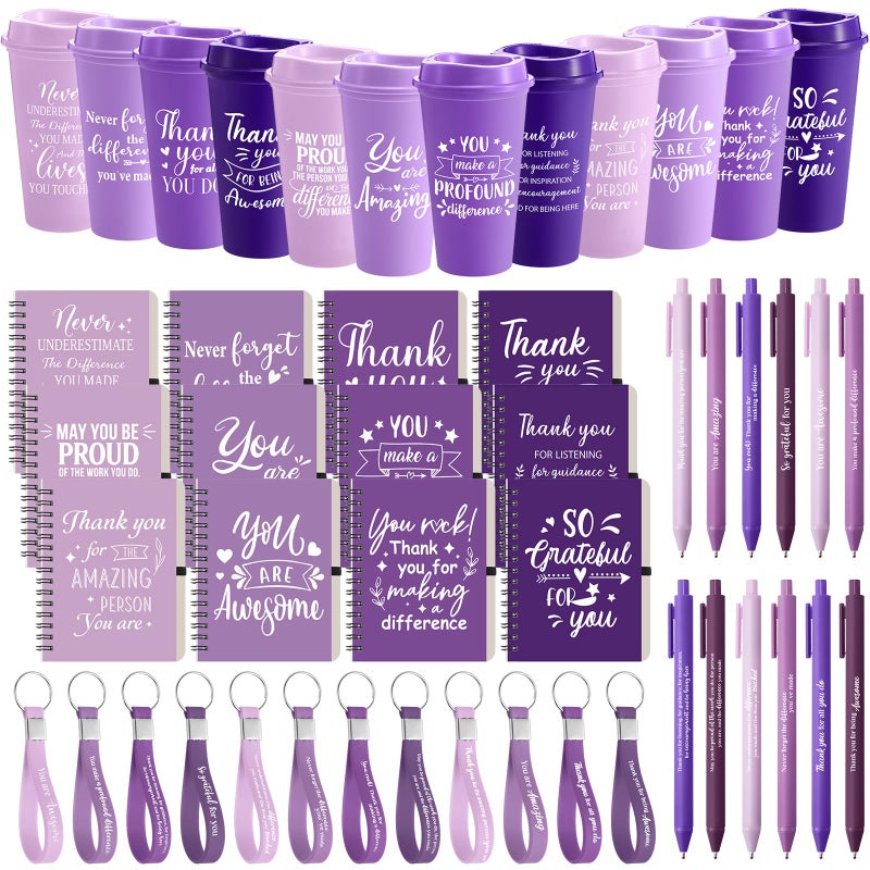 Skylety 12 Set/48 Pcs Employee Appreciation Gifts Bulk Christmas Thank You Gift Set 16 oz Coffee Cups Mini Spiral Notebooks Pens Keychains for Staff Team Teacher Coworker (Purple Gradient) - Image 1