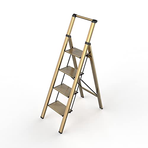 SOLADDER 4 Step Ladder Folding Step Stool with AntiSlip Wide Sturdy Pedal and Handgrip Portable Lightweight Aluminum Stepladder 300 lbs Capacity MultiUse for Home Library  Brown Gold