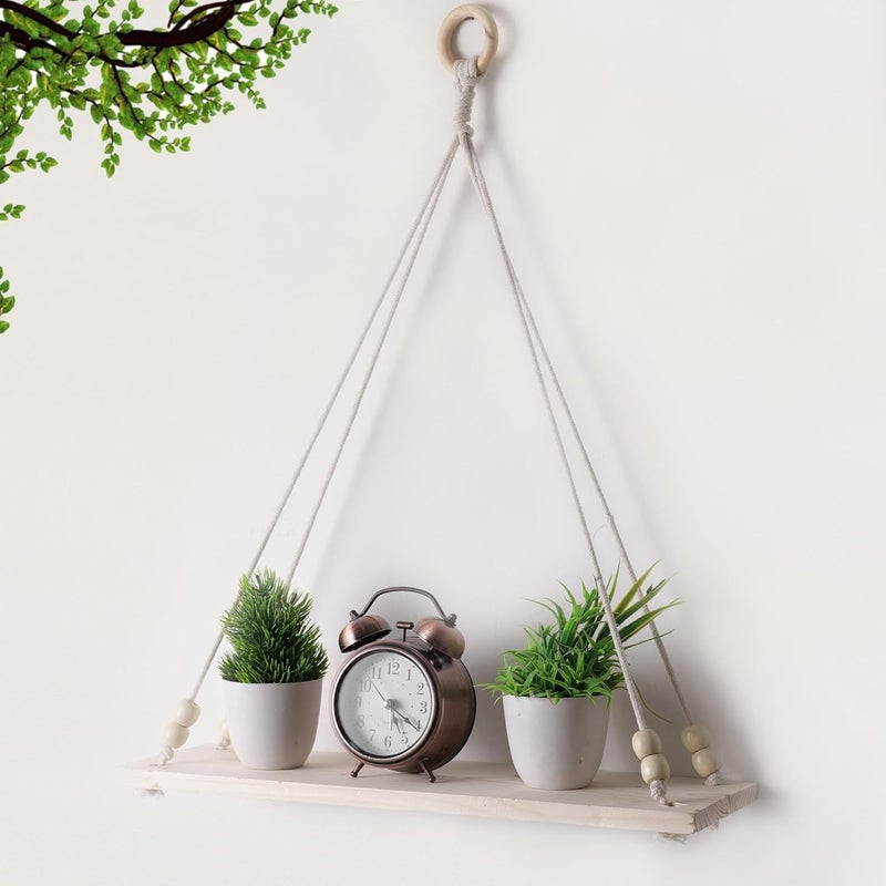 Hastkar Hastkar Macrame Wall Hanging Shelf Wood Floating Shelves with Wooden Beads Ring Modern Chic Decor for Dorm Living Room Nursery Gift Item 55 x 43 cm Beige