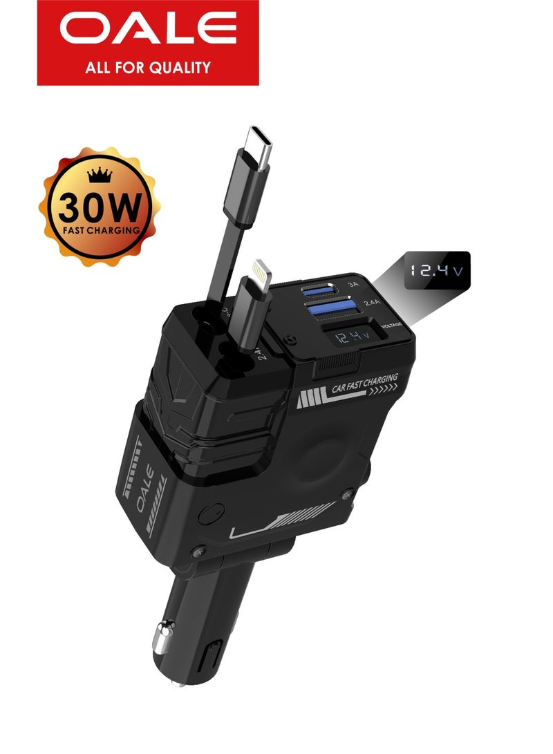 OALE iCar 4 Car Charger 30W Max Output, 3A Type-C + 2.4A USB Port, Built-in Type-C & Lightning Cables, 180° Rotatable, Smart Voltage Display - Image 1