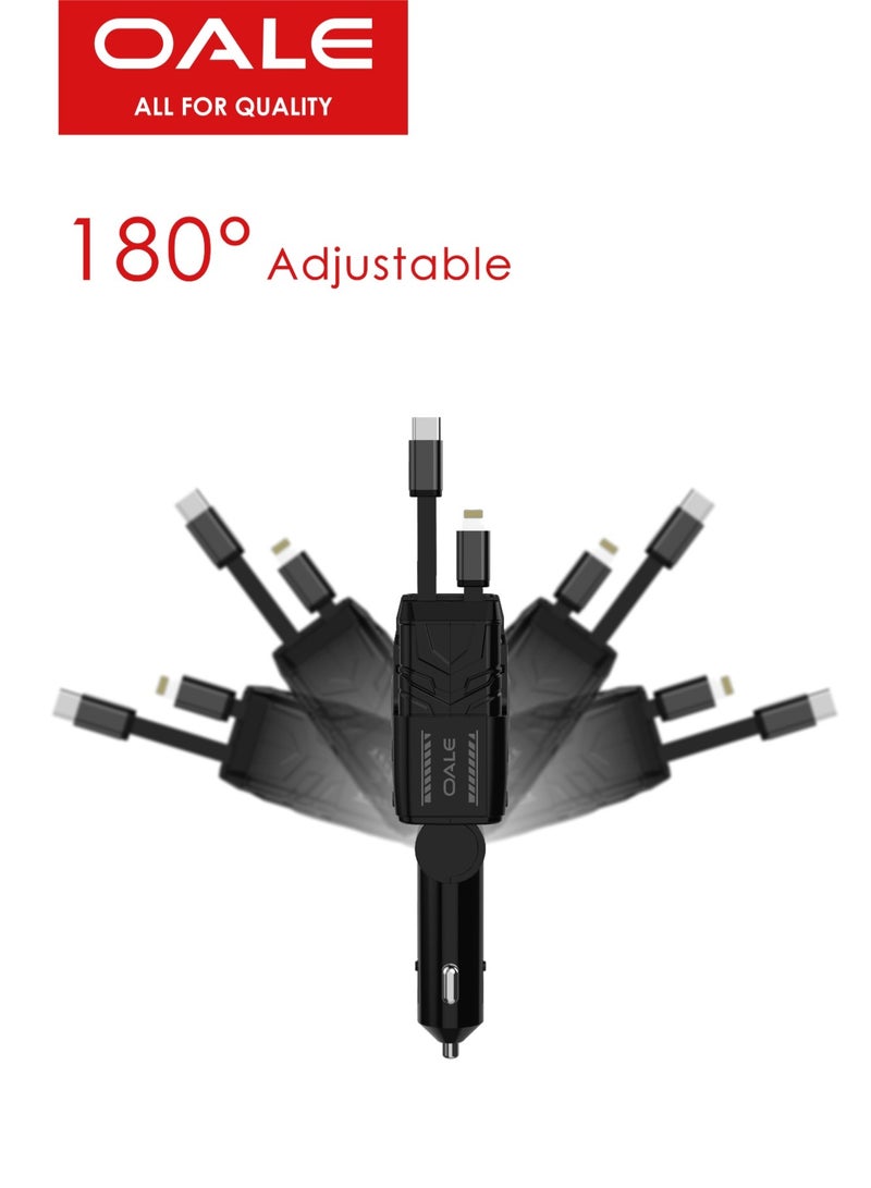 OALE iCar 4 Car Charger 30W Max Output, 3A Type-C + 2.4A USB Port, Built-in Type-C & Lightning Cables, 180° Rotatable, Smart Voltage Display - Image 2