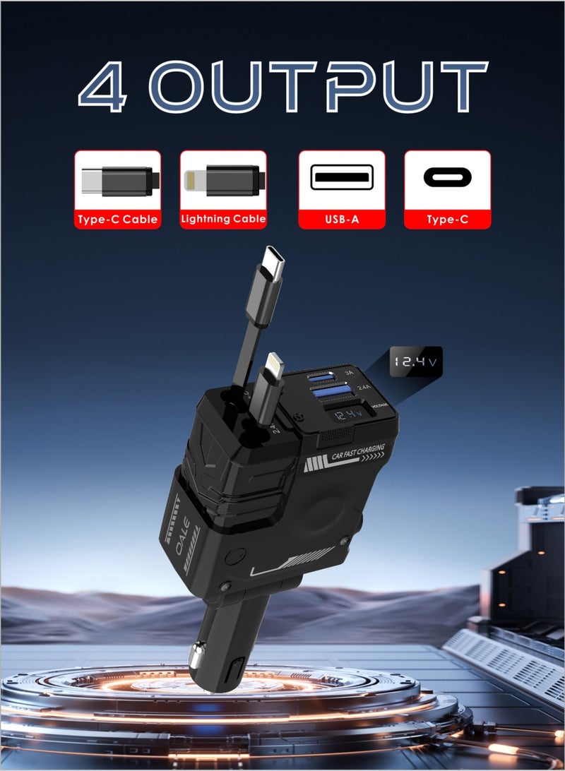 OALE iCar 4 Car Charger 30W Max Output, 3A Type-C + 2.4A USB Port, Built-in Type-C & Lightning Cables, 180° Rotatable, Smart Voltage Display - Image 3