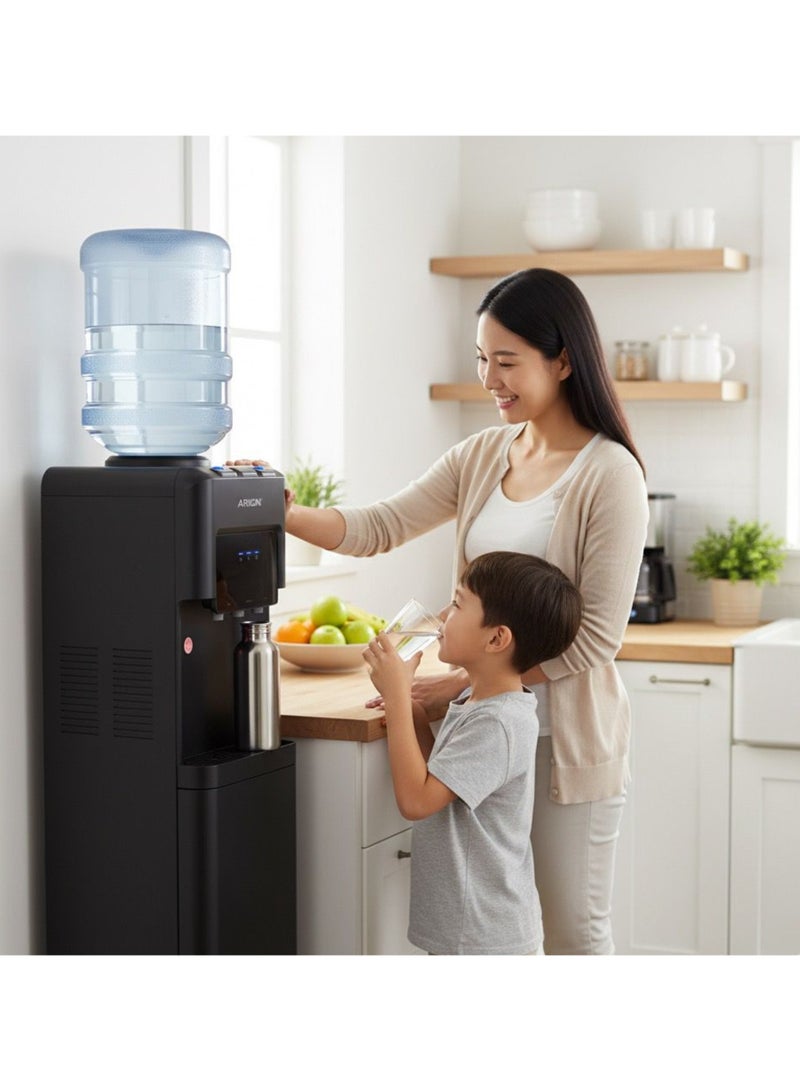 أريون موزع مياه 3 حنفيات مع خزانة مدمجة - ماء ساخن، بارد وعادي، قفل أمان للأطفال (موديل: AR-WD1، أسود) - Image 2